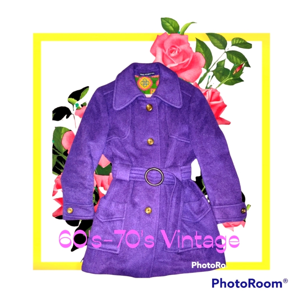 💜1960's-1970's Vintage Purple Wool Belted Coat - Picture 1 of 15